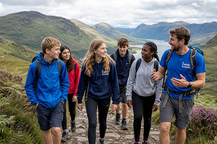 Un gruppo di sei giovani adulti in abbigliamento casual da trekking cammina e sorride insieme su un sentiero di montagna al Campo Avventura, con colline verdi e una valle sullo sfondo. Il tempo è parzialmente nuvoloso e il gruppo appare allegro e impegnato.