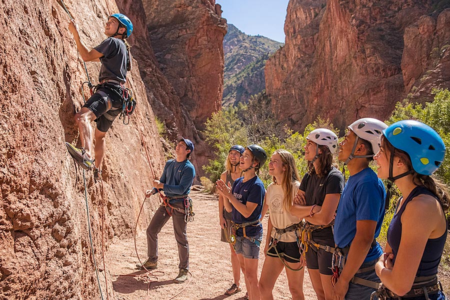 Una persona si arrampica su una parete rocciosa mentre cinque persone con il casco guardano e fanno il tifo da terra in un canyon roccioso e soleggiato al Campo Avventura. Un'altra persona si trova nelle vicinanze e tiene la corda dell'arrampicatore per sicurezza.