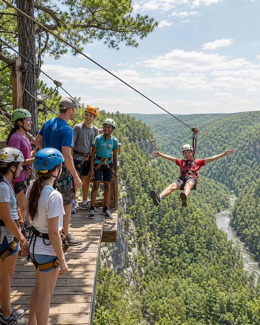 Un gruppo di persone che indossano caschi e imbracature sta in piedi su una piattaforma di legno all'Adventure Camp, in una gola boscosa, a guardare una persona con una maglietta rossa che percorre una zipline sopra la valle con le braccia aperte.