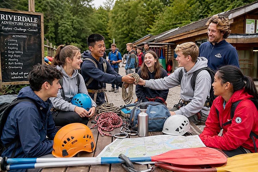 Un gruppo di giovani sorridenti e un istruttore si riuniscono attorno a un tavolo da picnic con attrezzatura da arrampicata e caschi in un Campo Avventura, con un cartello che elenca le varie attività visibile sullo sfondo.