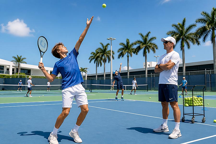 Un adolescente si prepara a servire una palla da tennis su un campo all'aperto di un'accademia di tennis mentre un allenatore lo osserva. Altri giocatori si allenano sullo sfondo, tra palme e cielo azzurro.