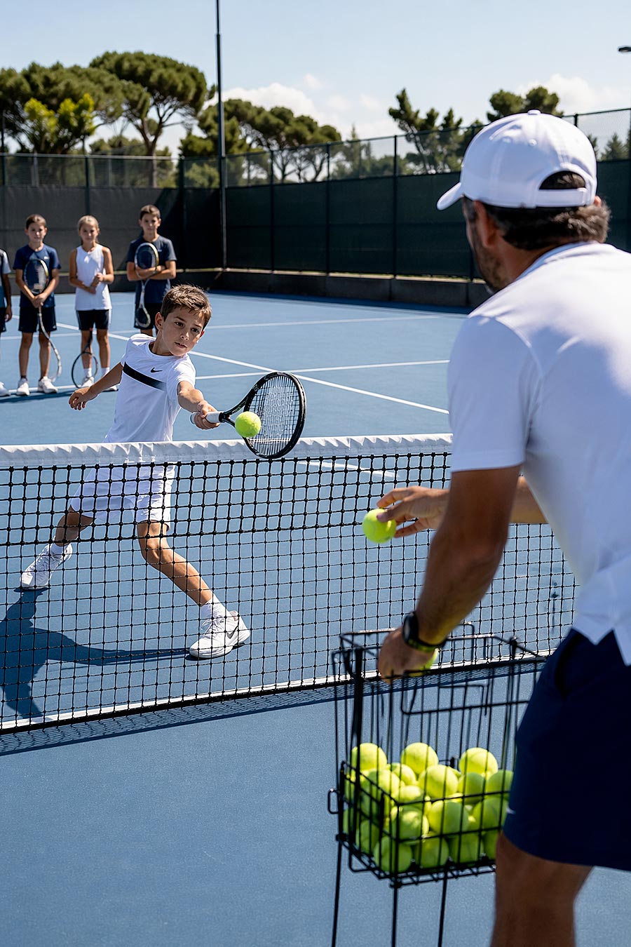 Un allenatore di tennis della Tennis Academy lancia una palla a un bambino che la colpisce con la racchetta a rete, mentre altri bambini guardano sullo sfondo in un campo da tennis all'aperto.