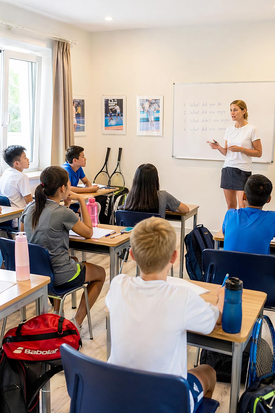 Un insegnante è in piedi davanti a un'aula e spiega qualcosa scritto su una lavagna a studenti attenti seduti ai banchi. Sono visibili racchette da tennis e borse sportive, che alludono a una sessione di allenamento di tennis in questa accademia dedicata.