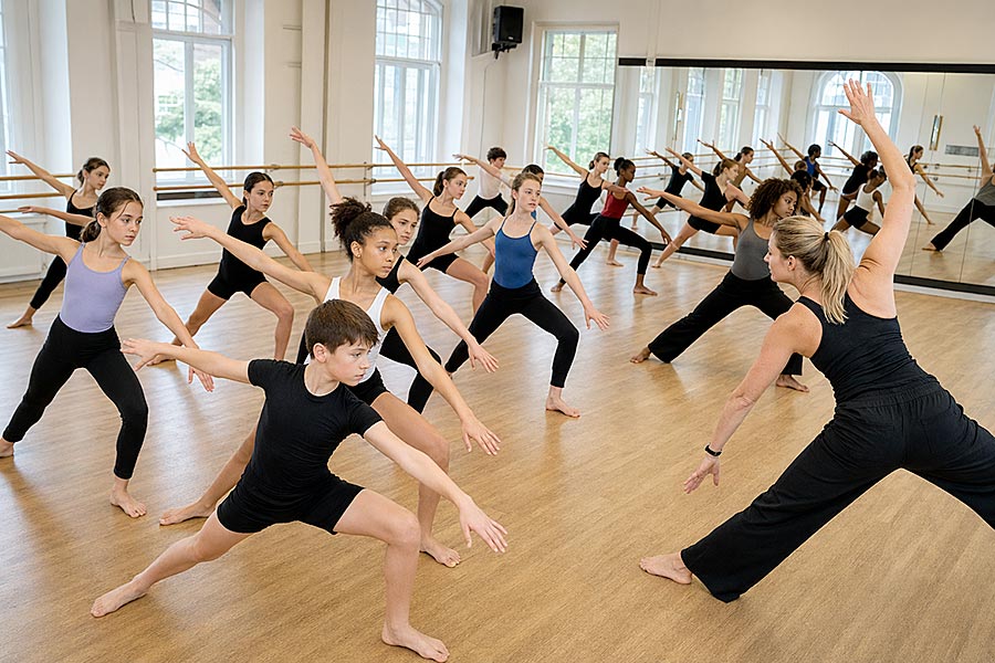 Un gruppo di giovani ballerini in uno studio dell'Accademia di danza segue un istruttore, tutti in piedi in posizione ampia con le braccia distese, che si esercita in un esercizio davanti a grandi specchi e finestre.