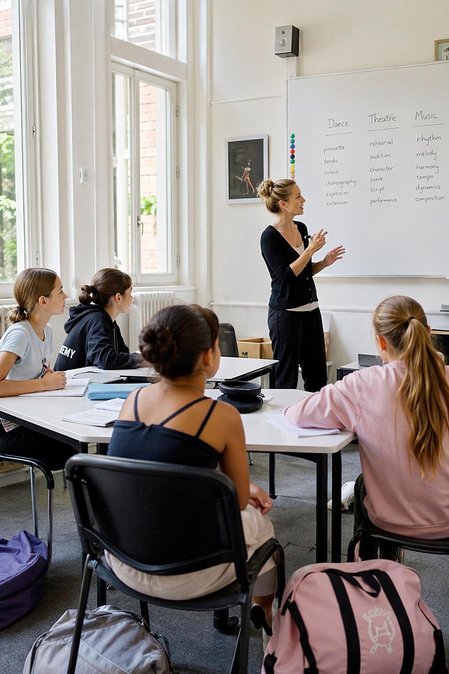 Un insegnante è in piedi alla lavagna e indica le colonne con le diciture Danza, Teatro e Musica, mentre quattro studenti ascoltano con attenzione in un'aula luminosa. Gli zaini sono appoggiati sui banchi e sul pavimento, per catturare l'energia di una vibrante lezione della Dance Academy.
