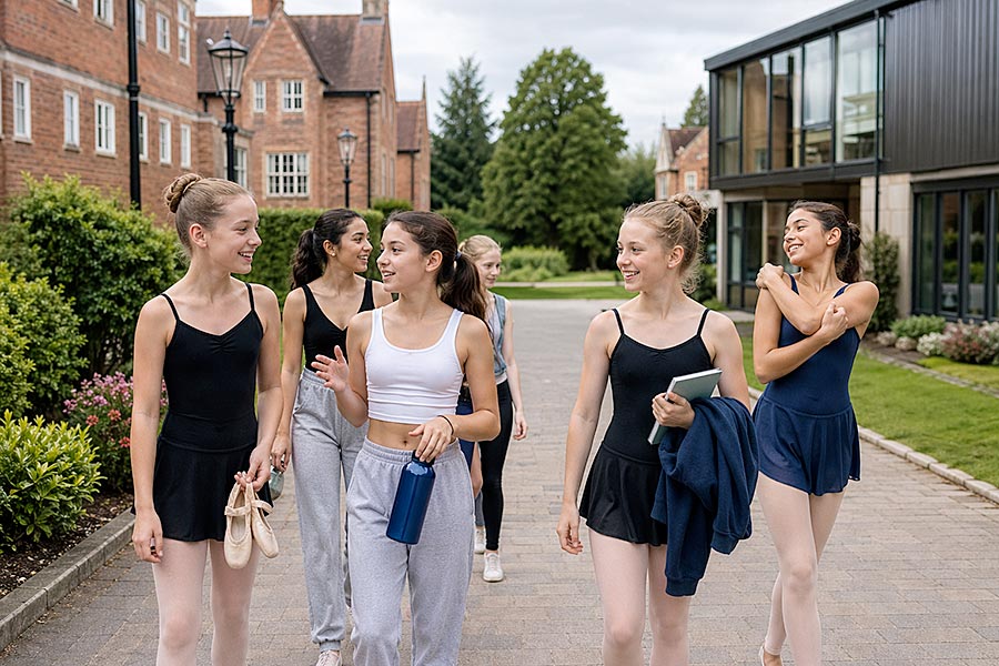 Un gruppo di giovani ballerine in body e calzamaglia cammina e parla all'aperto, sorridendo e portando con sé l'attrezzatura della loro Accademia di danza, con gli edifici scolastici e il verde sullo sfondo.
