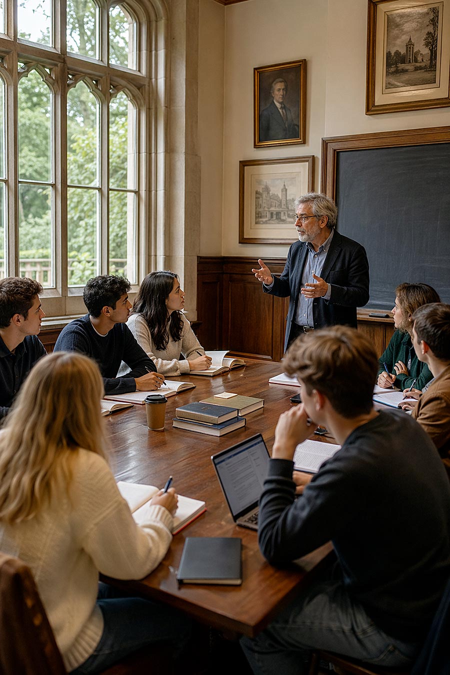 Un professore sta in piedi e fa dei gesti mentre parla a un gruppo di sei studenti che partecipano a un programma per adolescenti, seduti intorno a un tavolo di legno in un'aula con grandi finestre, libri, quaderni e una lavagna sullo sfondo.