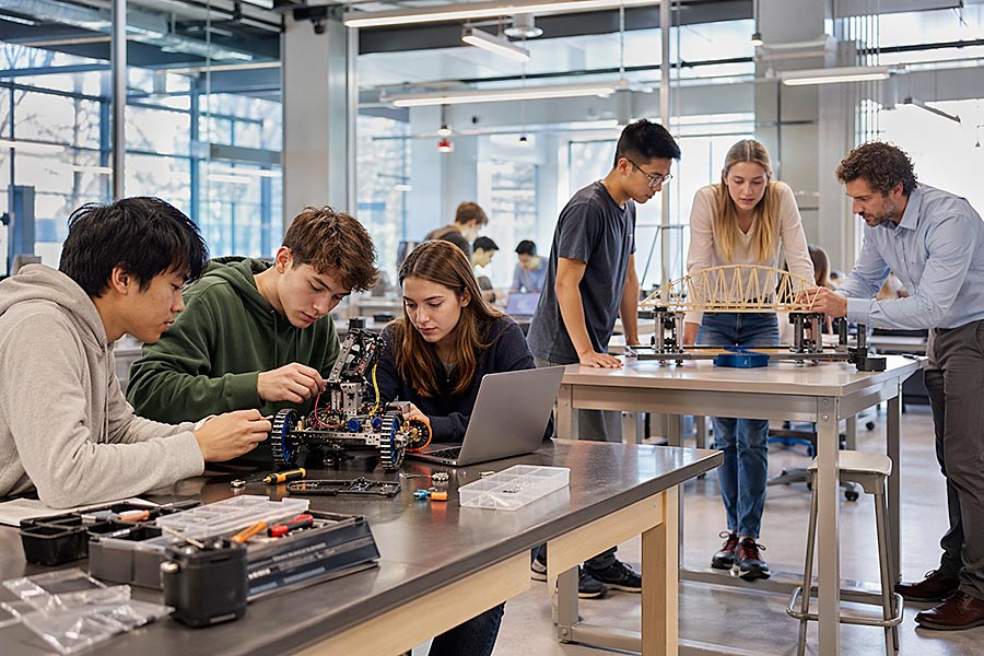Gli studenti di una classe moderna lavorano in gruppo su progetti di ingegneria nell'ambito di un programma per adolescenti; un gruppo assembla un robot mentre un altro costruisce un modello di ponte, con l'insegnante che assiste sullo sfondo.