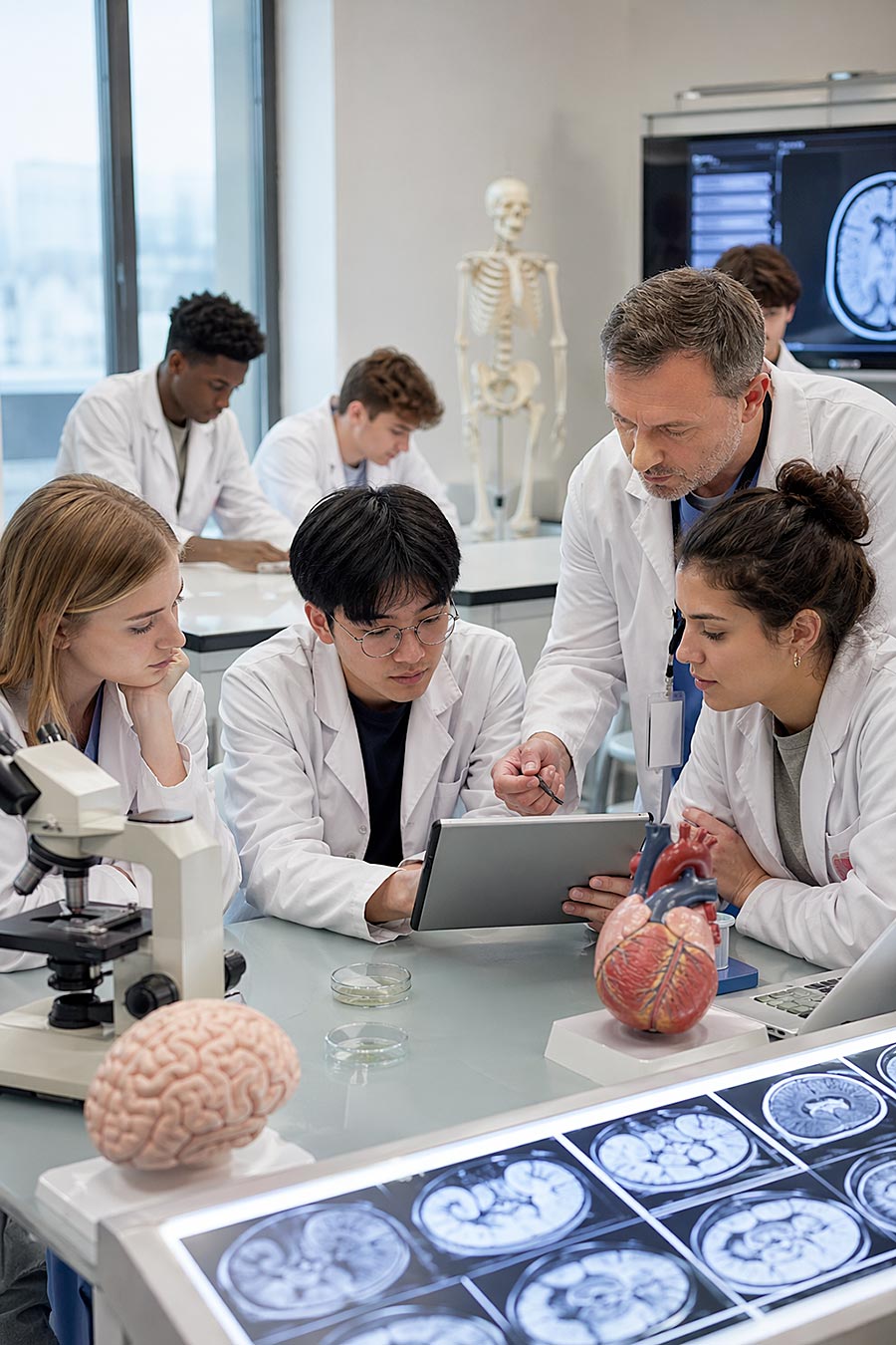 Un gruppo di studenti di medicina e un insegnante in camice bianco partecipano a un Teen Program, esaminando una tavoletta in un'aula piena di modelli anatomici, scansioni cerebrali, un microscopio e modelli di cuore e cervello.