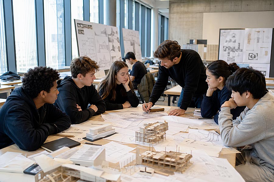 Un gruppo di studenti del Teen Program siede attorno a un tavolo coperto di disegni e modelli architettonici, ascoltando un istruttore che indica un progetto in un'aula moderna con grandi finestre e poster di design alle pareti.