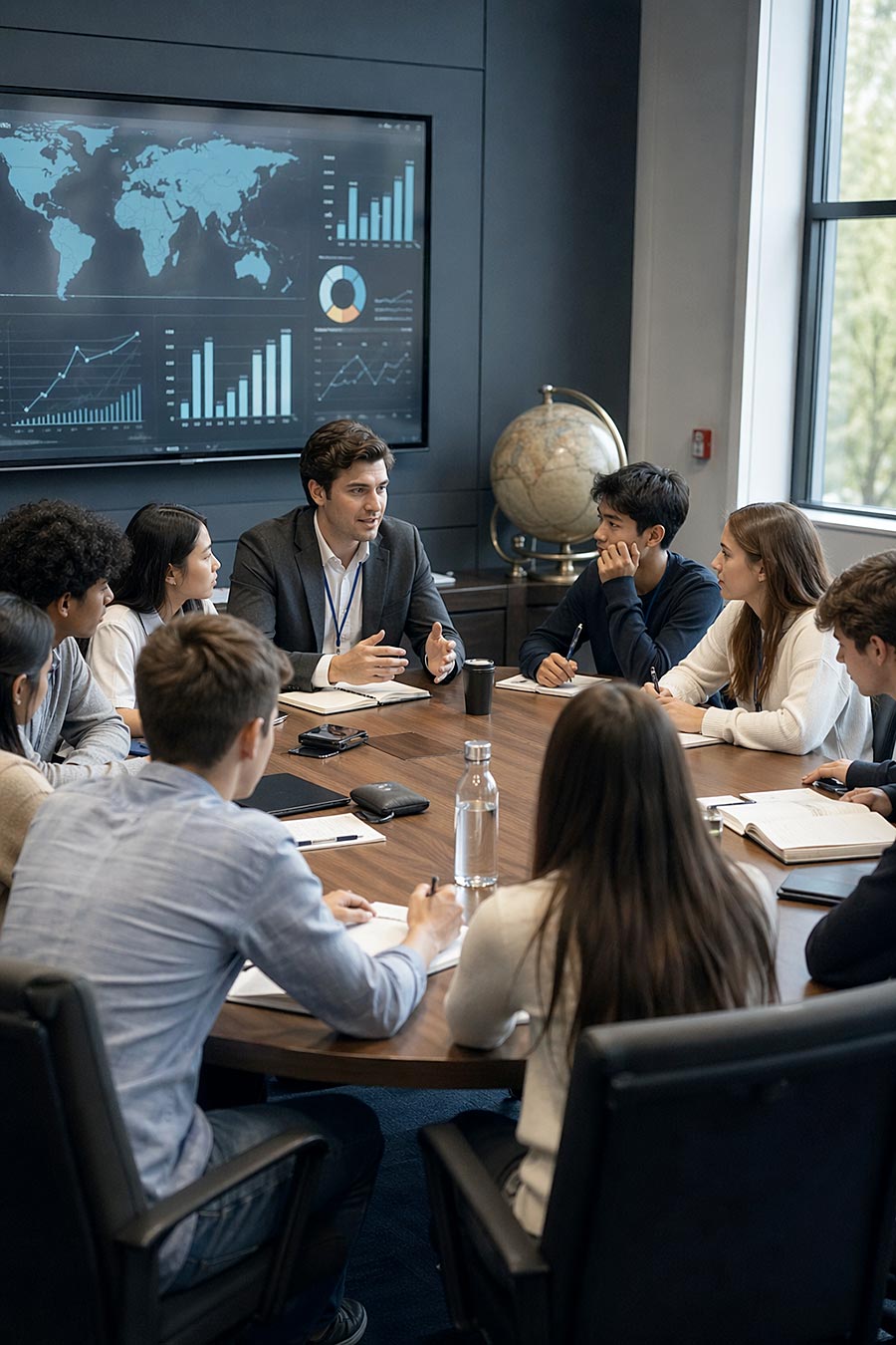 Un gruppo di persone siede intorno a un tavolo da conferenza in una sala riunioni, ascoltando un relatore che parla del Programma adolescenti. Dietro di lui c'è un grande schermo che mostra grafici e una mappa del mondo, con un mappamondo su un tavolo laterale.