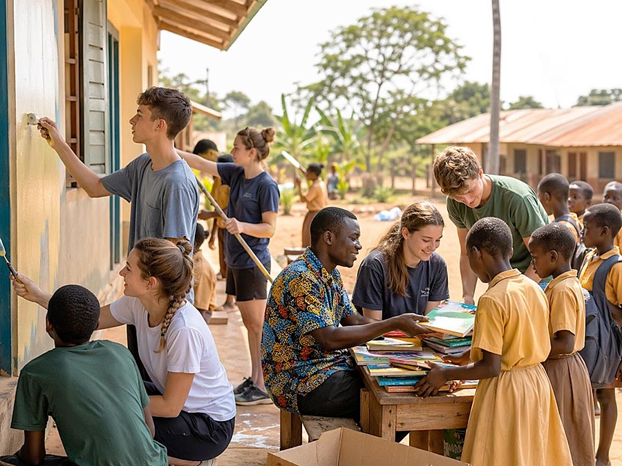 Un gruppo di giovani volontari partecipa a programmi di volontariato, dipingendo un edificio e distribuendo libri ai bambini delle scuole in uniforme gialla all'aperto, con alberi e altri edifici visibili sullo sfondo.