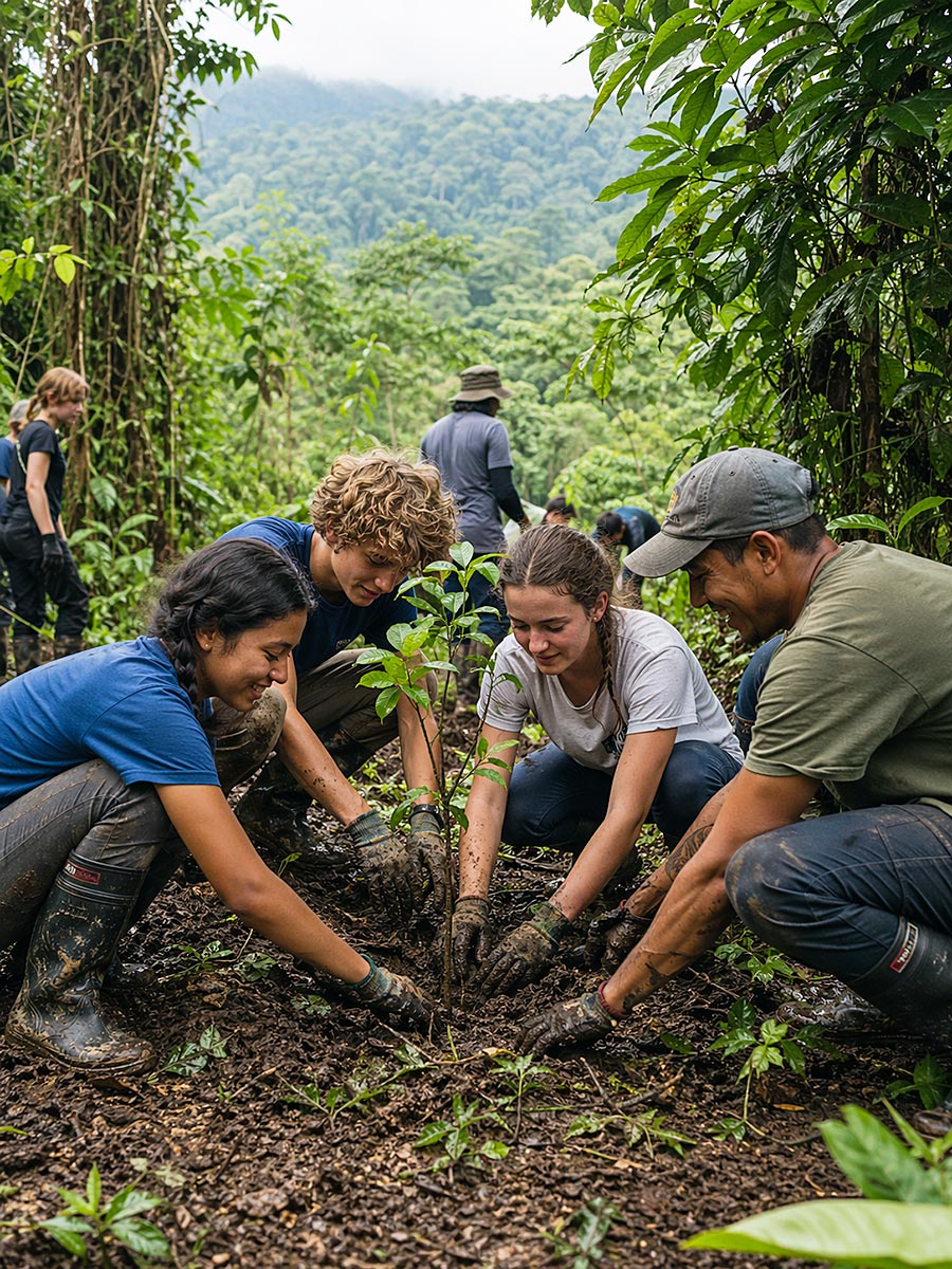 Un gruppo eterogeneo di quattro persone si inginocchia insieme in una foresta lussureggiante, sorridendo mentre piantano un giovane albero: una scena di volontariato che ispira. Altri volontari e un fitto fogliame verde li circondano sullo sfondo.