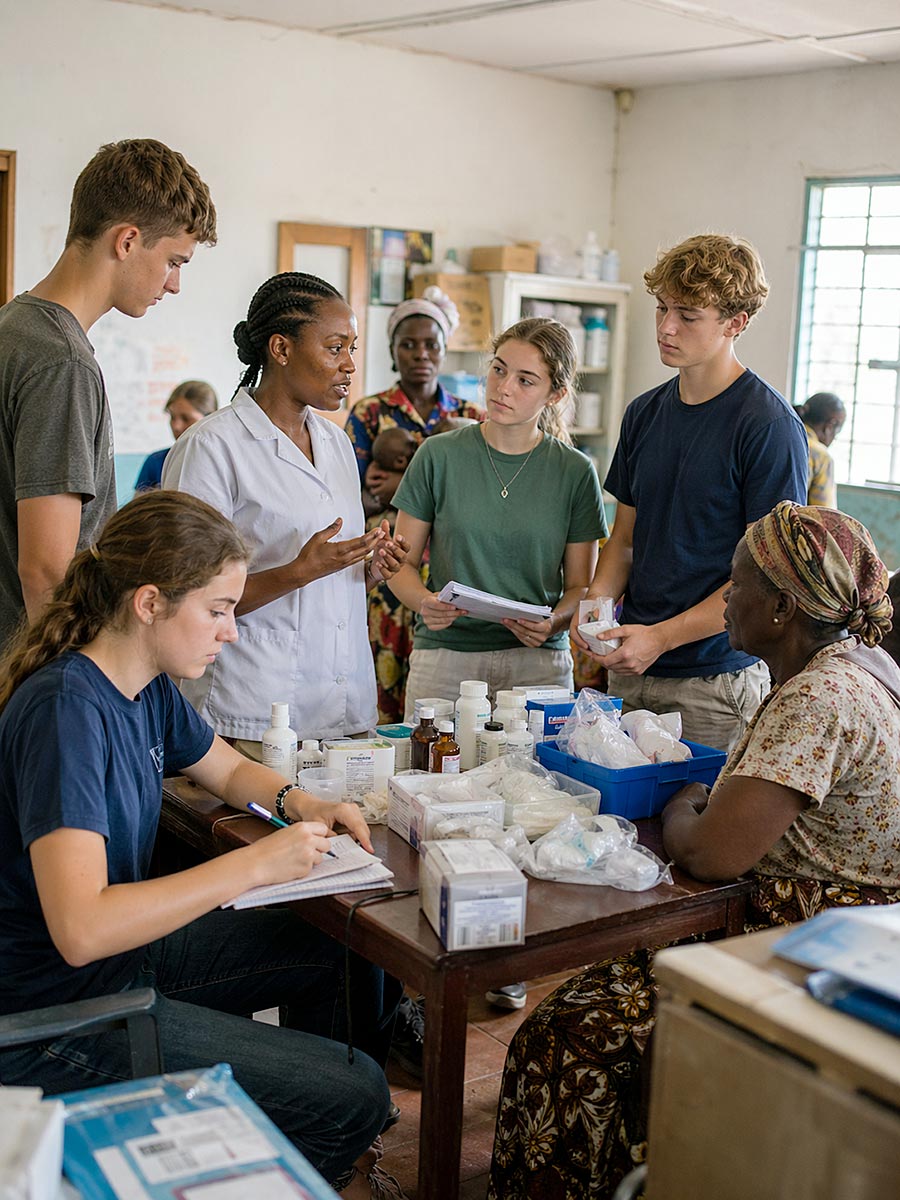 Un operatore sanitario spiega i farmaci a un gruppo di giovani adulti coinvolti in programmi di volontariato, che prendono appunti e ascoltano con attenzione, mentre una donna anziana siede nelle vicinanze con materiale medico sul tavolo in un ambulatorio.