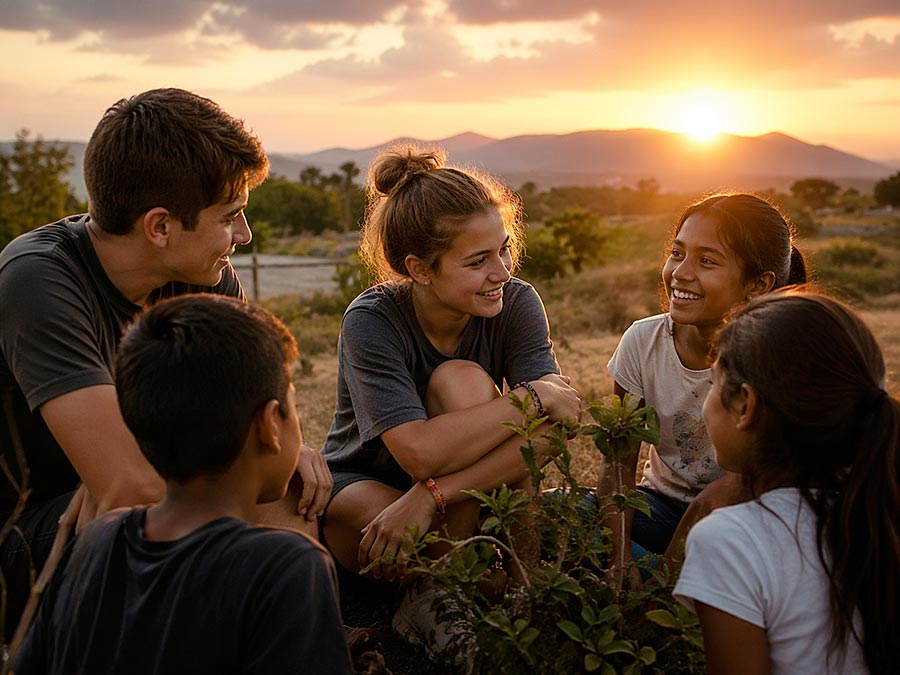 Un gruppo di cinque bambini si siede in cerchio all'aperto, sorridendo e parlando mentre il sole tramonta dietro le montagne, raccontando storie di programmi di volontariato sotto la calda luce dorata.
