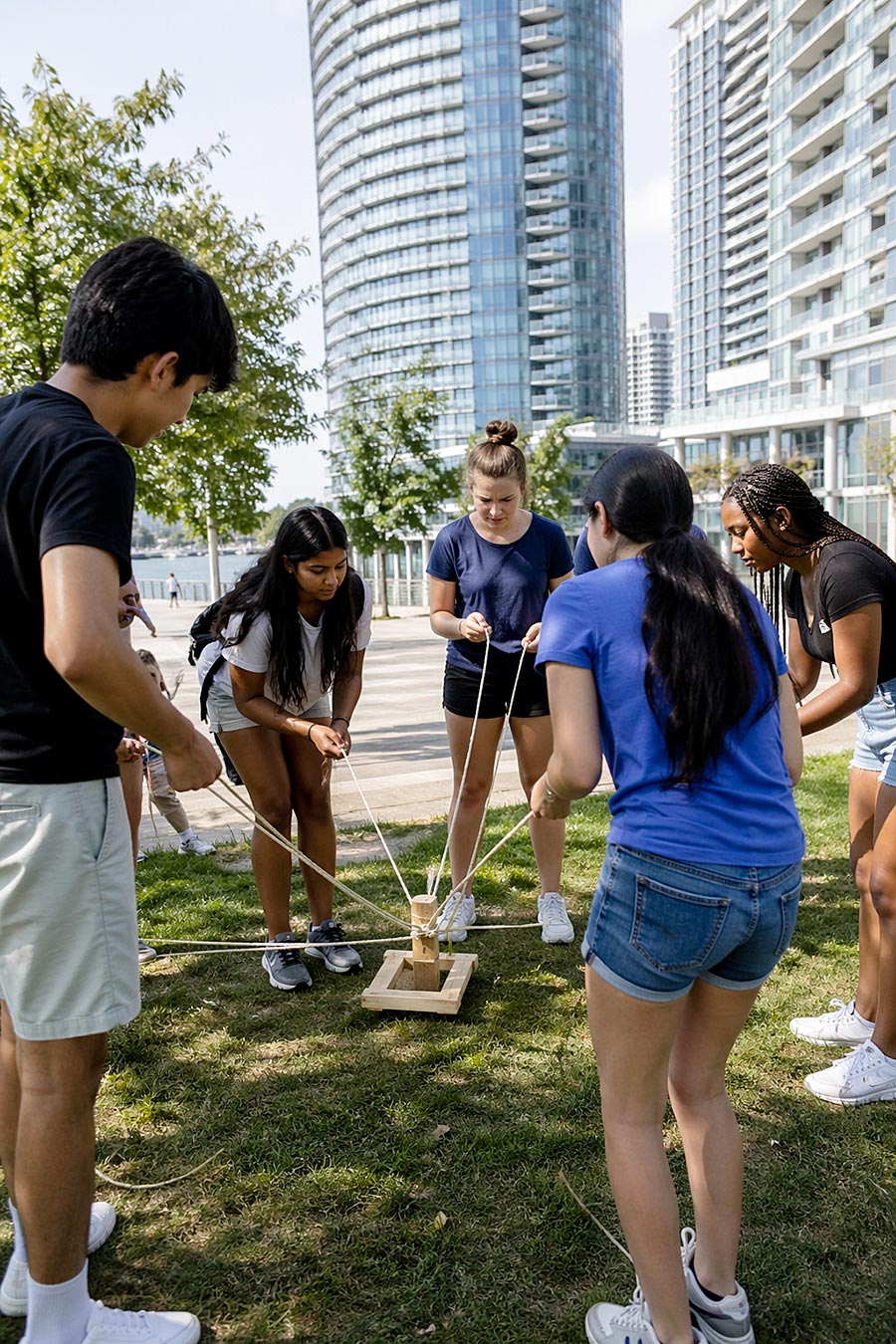 Un gruppo di giovani all'aperto in un parco cittadino lavora insieme utilizzando corde per sollevare e impilare blocchi di legno, una coinvolgente attività tipica dei corsi leadership, con alti edifici e alberi sullo sfondo.