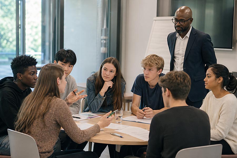 Un gruppo di sei studenti siede intorno a un tavolo impegnato in una discussione, con fogli e penne davanti a sé, mentre un adulto osserva in piedi nelle vicinanze. L'ambientazione sembra essere una moderna aula scolastica incentrata sui Programmi di Leadership.