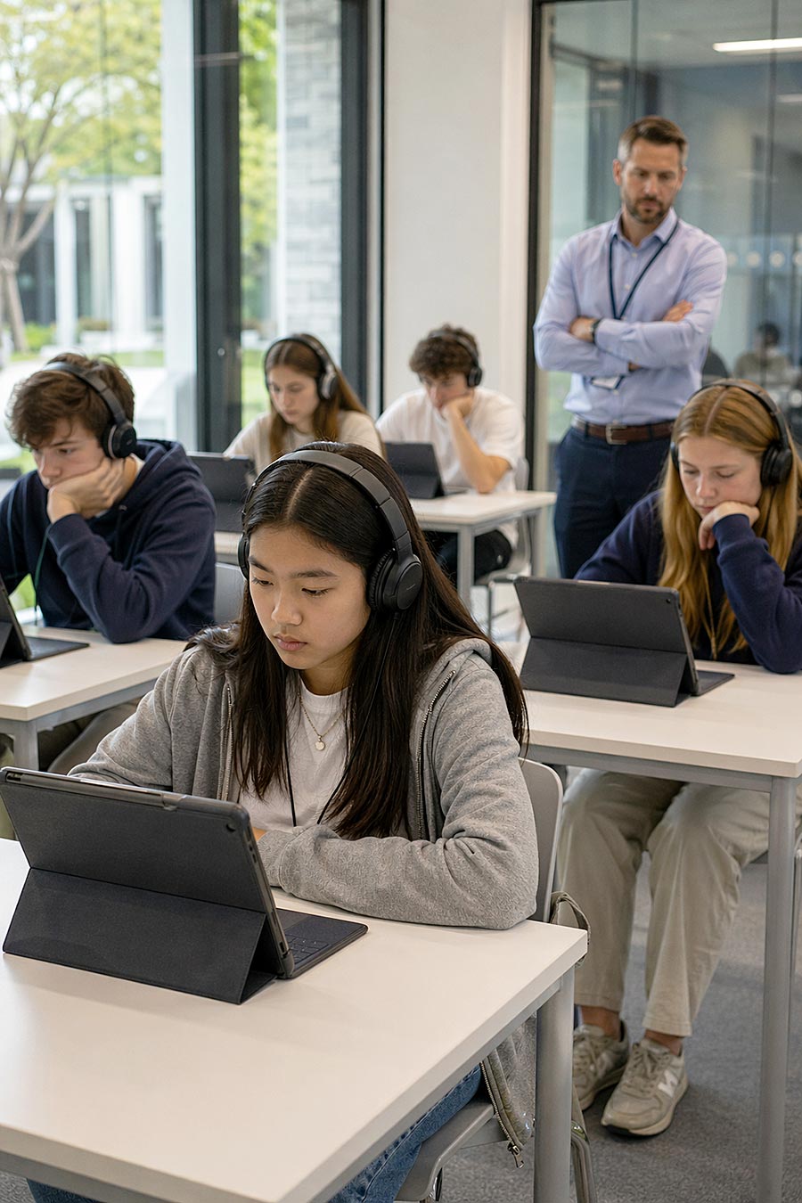 Studenti con le cuffie lavorano su tablet ai banchi di un'aula, concentrati sui loro compiti. Un istruttore sta in fondo, osservando gli studenti mentre si preparano per la certificazione linguistica. Grandi finestre lasciano entrare la luce naturale.