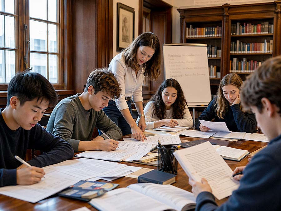 Un insegnante in piedi accanto a un tavolo aiuta un gruppo di cinque studenti a prepararsi per la Certificazione Linguistica, studiando con libri e fogli in un'aula o in una biblioteca con scaffali e una lavagna sullo sfondo.
