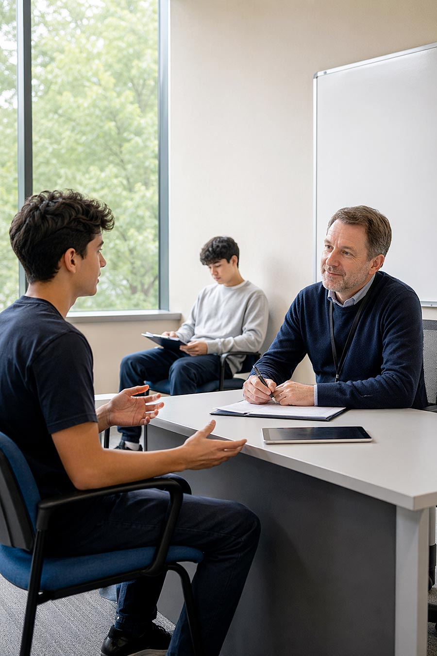 Uno studente discute di Certificazione linguistica con un insegnante su un banco in un'aula, mentre un altro studente scrive su un quaderno. Sulla cattedra ci sono un tablet e dei fogli, mentre alle spalle ci sono una grande finestra e una lavagna.