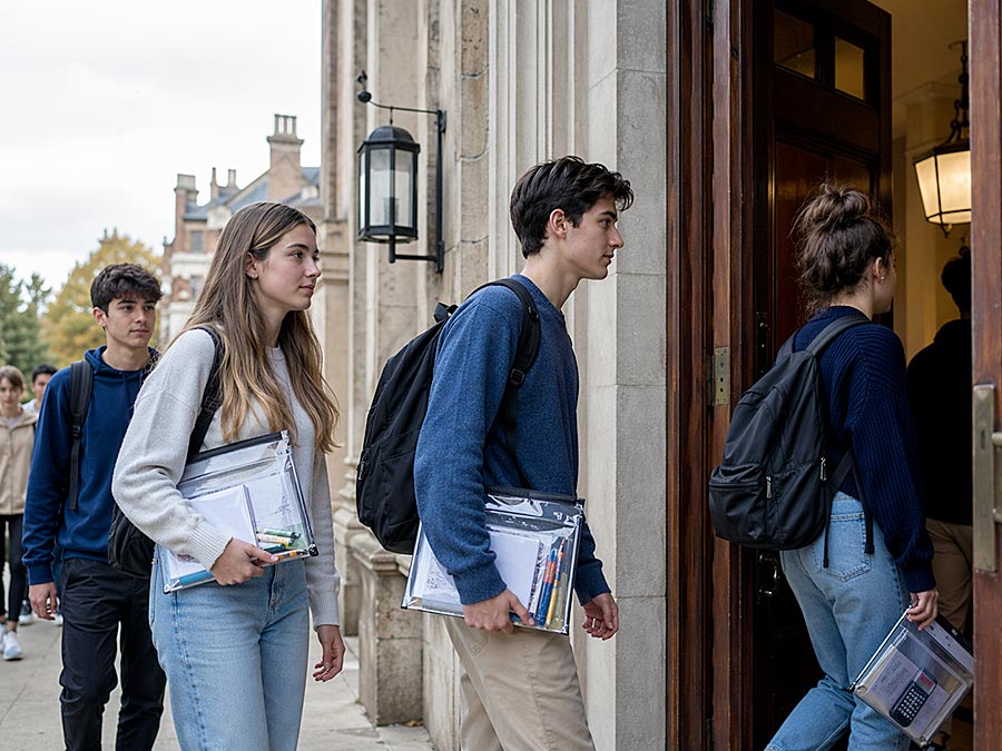 Un gruppo di studenti con cartelle e zaini in spalla entra in un edificio dalle pareti in pietra e dalle grandi porte, forse per iniziare il loro percorso di studi linguistici o per prepararsi all'esame di Certificazione Linguistica.
