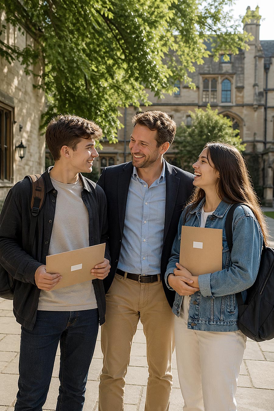Un uomo si trova all'esterno con due giovani adulti sorridenti che tengono in mano delle buste - forse i risultati della loro Certificazione Linguistica - tutti con abiti casual e zaini, davanti a un edificio storico con verde e luce solare.