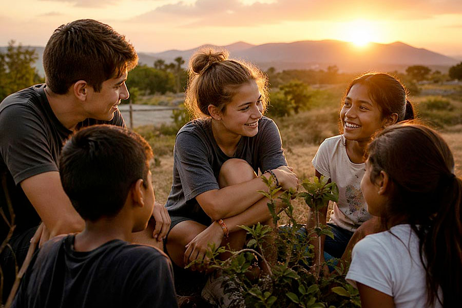 Un gruppo di giovani e bambini siedono insieme all'aperto, sorridendo e parlando vicino ad alcune piccole piante al tramonto con le montagne alle spalle, godendosi momenti insieme grazie ai programmi di volontariato.