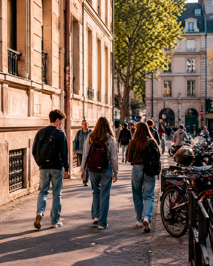 Tre giovani con lo zaino in spalla camminano lungo il marciapiede di una città assolata, forse per intraprendere un anno scolastico in Francia. Biciclette parcheggiate, alberi frondosi ed edifici storici fanno da cornice al loro percorso, mentre altri pedoni passeggiano davanti a loro.
