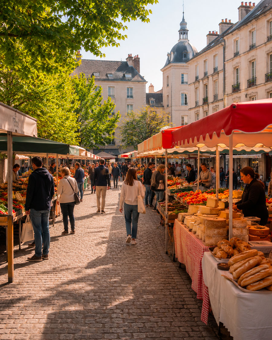 Le persone curiosano tra le bancarelle di prodotti, pane e formaggio in un mercato all'aperto in una giornata di sole in Francia: un autentico spaccato di vita quotidiana per chi trascorre il quarto anno scolastico in Francia, con edifici storici e alberi frondosi che costeggiano la strada acciottolata.
