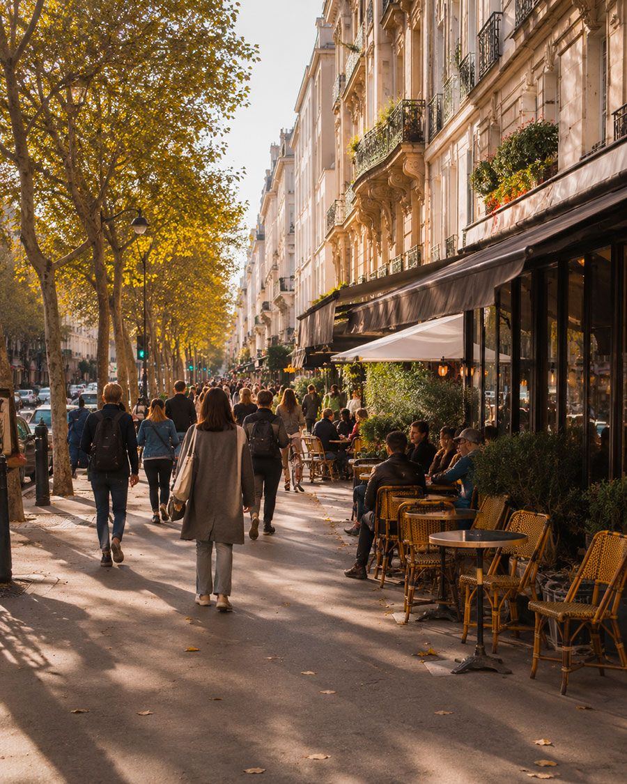Le persone camminano lungo una strada soleggiata e alberata con caffè all'aperto ed edifici storici, che evocano il fascino di un quarto d'anno in Francia. Alcuni passeggiano mentre altri si rilassano ai tavoli, godendo della luce dorata del pomeriggio.