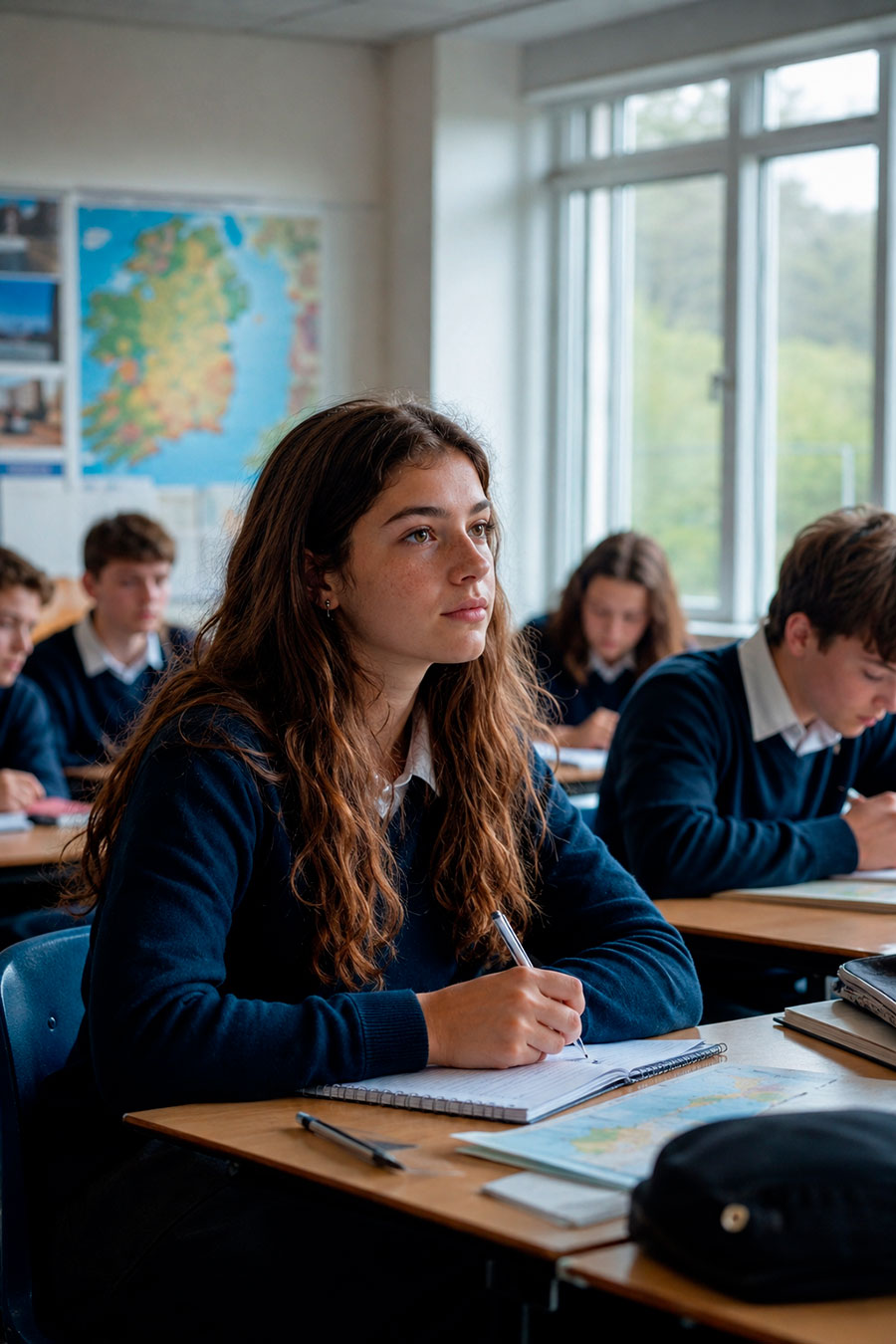 Un'adolescente dai lunghi capelli castani siede su un banco di scuola in Irlanda, guardando attentamente in avanti con un quaderno aperto. Anche altri studenti, in uniforme blu, stanno scrivendo: uno scorcio autentico di un'esperienza scolastica irlandese.