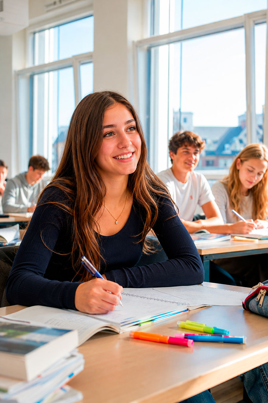 Una studentessa sorridente dai lunghi capelli castani scrive su un quaderno al suo banco in un'aula luminosa, circondata da altri studenti. Le penne e i libri colorati lasciano intendere la sua eccitazione per un anno all'estero, in Germania, durante il liceo.