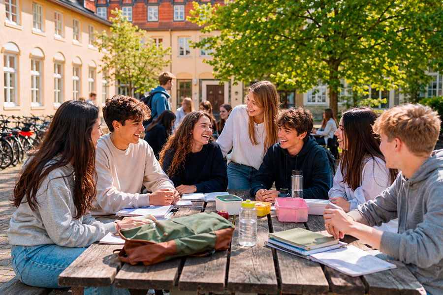 Un gruppo di sei studenti siede intorno a un tavolo da picnic in legno all'aperto in una giornata di sole, sorridendo e parlando del loro anno scolastico tedesco, con quaderni, bevande e borse sul tavolo; altre persone e biciclette sono sullo sfondo.