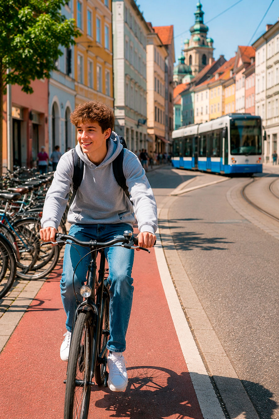 Un giovane con lo zaino in spalla pedala su una pista ciclabile rossa in una colorata strada di una città europea, catturando l'atmosfera di studiare in Germania liceo. Biciclette parcheggiate, un tram bianco e blu ed edifici storici creano una scena vivace.