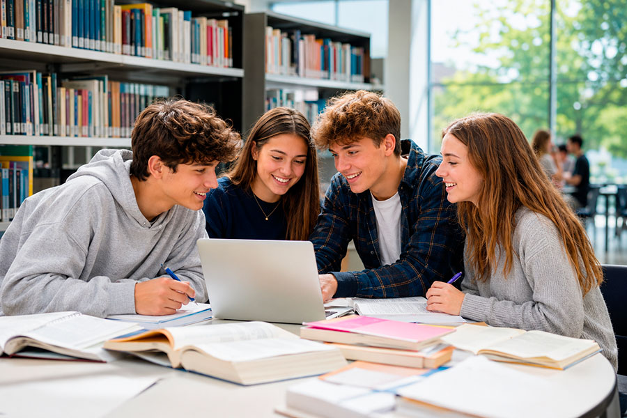 Quattro studenti siedono a un tavolo della biblioteca, sorridendo e guardando insieme un computer portatile. I libri aperti indicano che si stanno preparando per il loro anno scolastico Germania o che stanno pianificando il loro quarto anno Germania come gruppo.