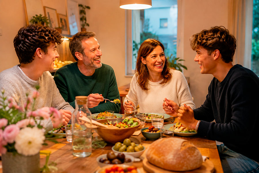 Una famiglia di quattro persone siede intorno a un tavolo da pranzo, sorridendo e parlando mentre consumano un pasto insieme, creando l'atmosfera calda e accogliente che potreste sperimentare durante il vostro anno scolastico in Germania.