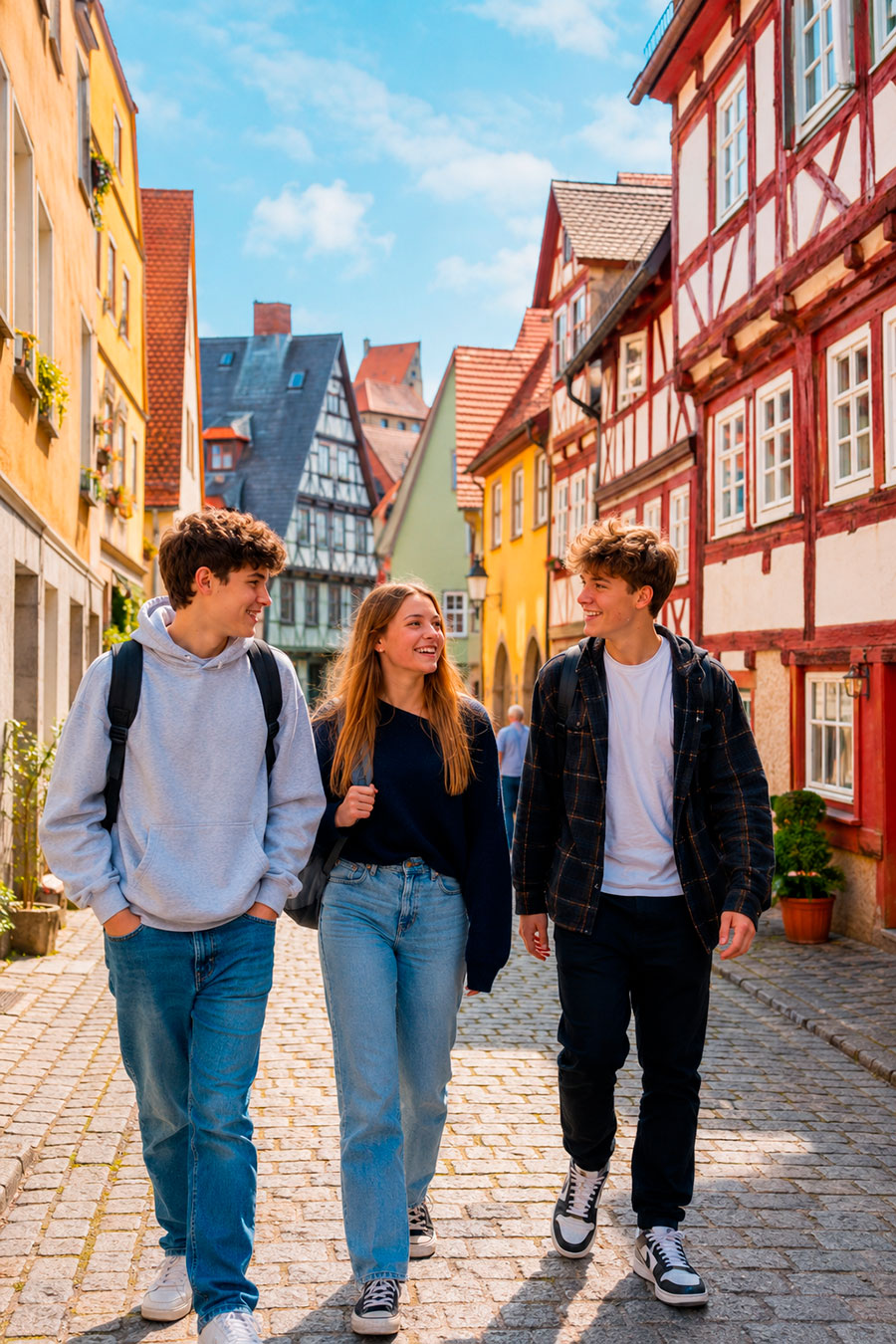 Tre giovani camminano e sorridono insieme in una strada di ciottoli fiancheggiata da edifici colorati e tradizionali europei, catturando la gioia di studiare in Germania liceo in una giornata di sole.