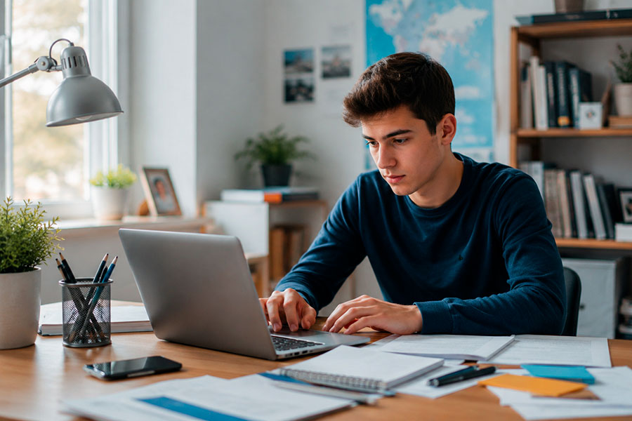 Un giovane uomo è seduto alla scrivania e lavora al computer portatile, circondato da quaderni e fogli, preparandosi per l'orientamento universitario in una sala studio luminosa e organizzata, con una libreria e piante in vaso sullo sfondo.