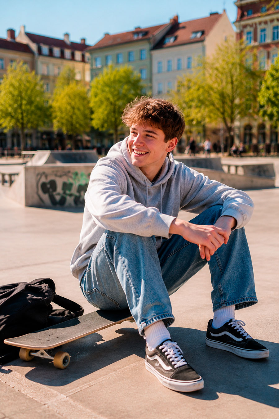 Un giovane con felpa grigia e jeans siede su uno skateboard in un soleggiato skatepark, sorridendo. Il suo zaino nero lascia intendere che potrebbe essere qui per una pausa durante gli studi al liceo tedesco. Alberi ed edifici colorati illuminano lo sfondo.