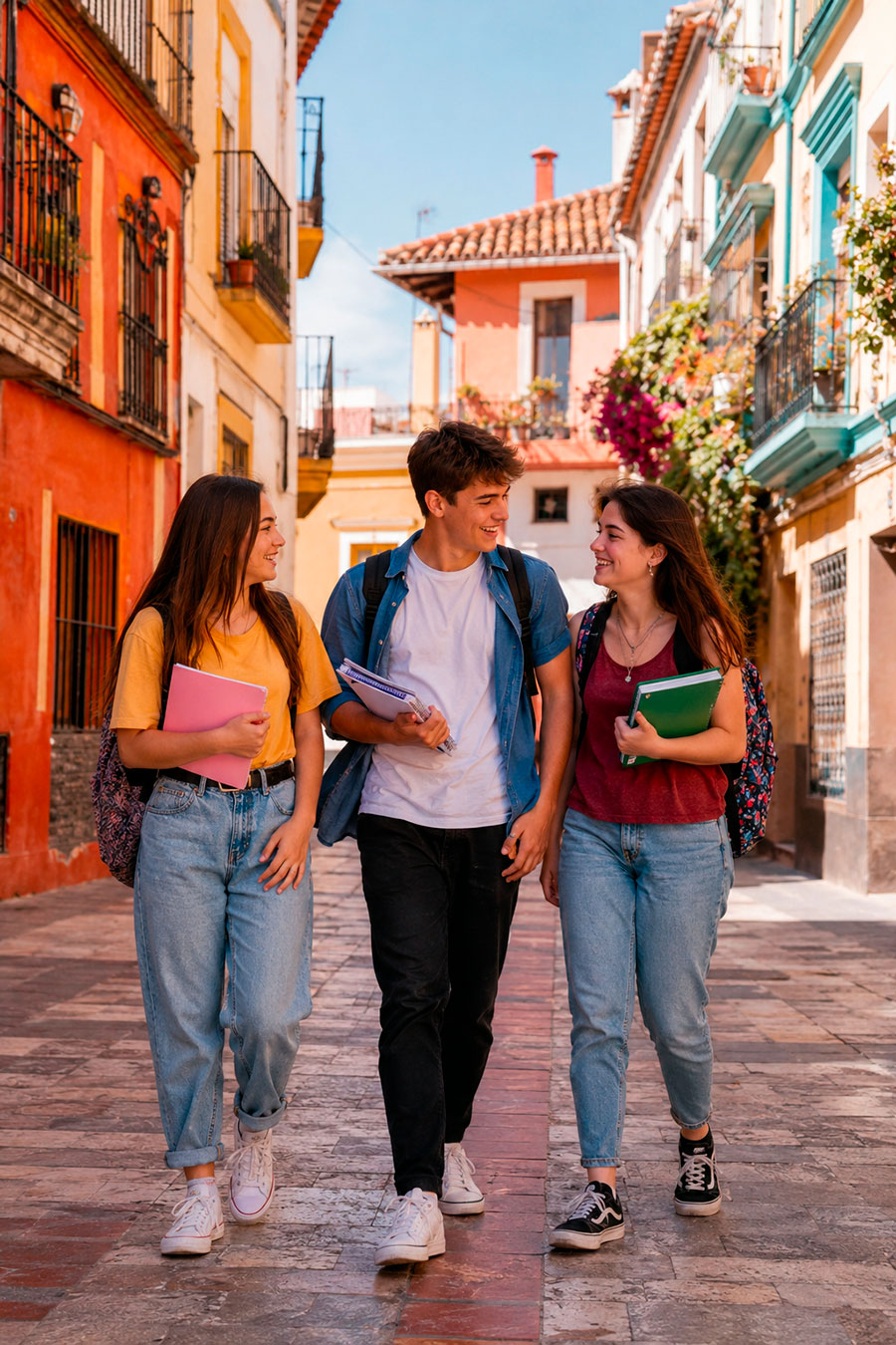 Tre giovani sorridenti con zaini e quaderni camminano insieme in una strada colorata e illuminata dal sole in Spagna, conversando casualmente sulla loro esperienza di Anno all'estero Spagna.