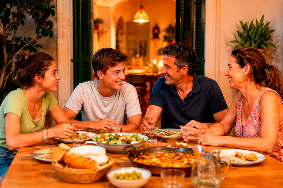 Quattro amici si riuniscono all'aperto, condividendo risate e un delizioso pasto a base di insalata, pane e olive, per catturare l'atmosfera calda e invitante che potreste sperimentare durante il vostro anno scolastico spagnolo. Le luci soffuse creano l'atmosfera perfetta per la serata.