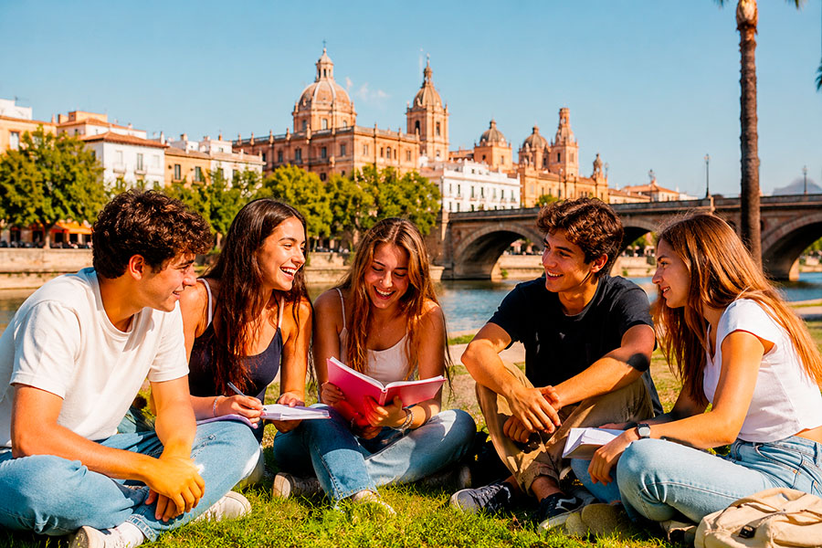 Cinque giovani seduti sull'erba in riva a un fiume, sorridono e studiano insieme con i quaderni, godendosi l'esperienza del quarto anno spagnolo. Sullo sfondo, sotto un cielo luminoso e soleggiato, si ergono edifici storici e un ponte.