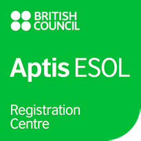 Immagine quadrata verde con il logo del British Council e il testo: "BRITISH COUNCIL Aptis ESOL Registration Centre" in caratteri bianchi.