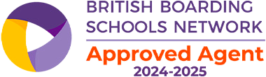 Logo con grafica circolare viola e gialla accanto al testo "British Boarding Schools Network Approved Agent 2024-2025", con "Approved Agent" evidenziato in arancione.