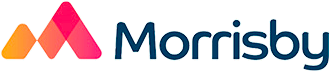 Logo Morrisby con una "M" stilizzata e sovrapposta nei toni dell'arancio, del rosa e del rosso accanto alla parola "Morrisby" in caratteri arrotondati blu scuro.