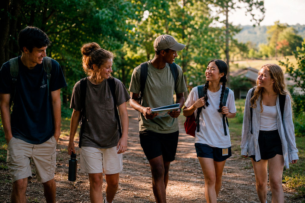Cinque giovani adulti con lo zaino in spalla camminano insieme su un sentiero boscoso, sorridendo e parlando. Sembrano godersi un'escursione nell'ambito dei programmi estivi, circondati dal verde degli alberi e dalla natura in una giornata di sole.