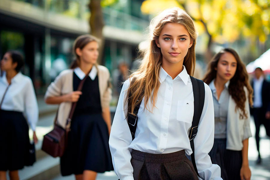 Un gruppo di studenti in uniforme scolastica cammina all'aperto in una giornata di sole durante l'anno scolastico irlandese. L'attenzione si concentra su una ragazza con lunghi capelli biondi e uno zaino, con i compagni di classe sfocati sullo sfondo.