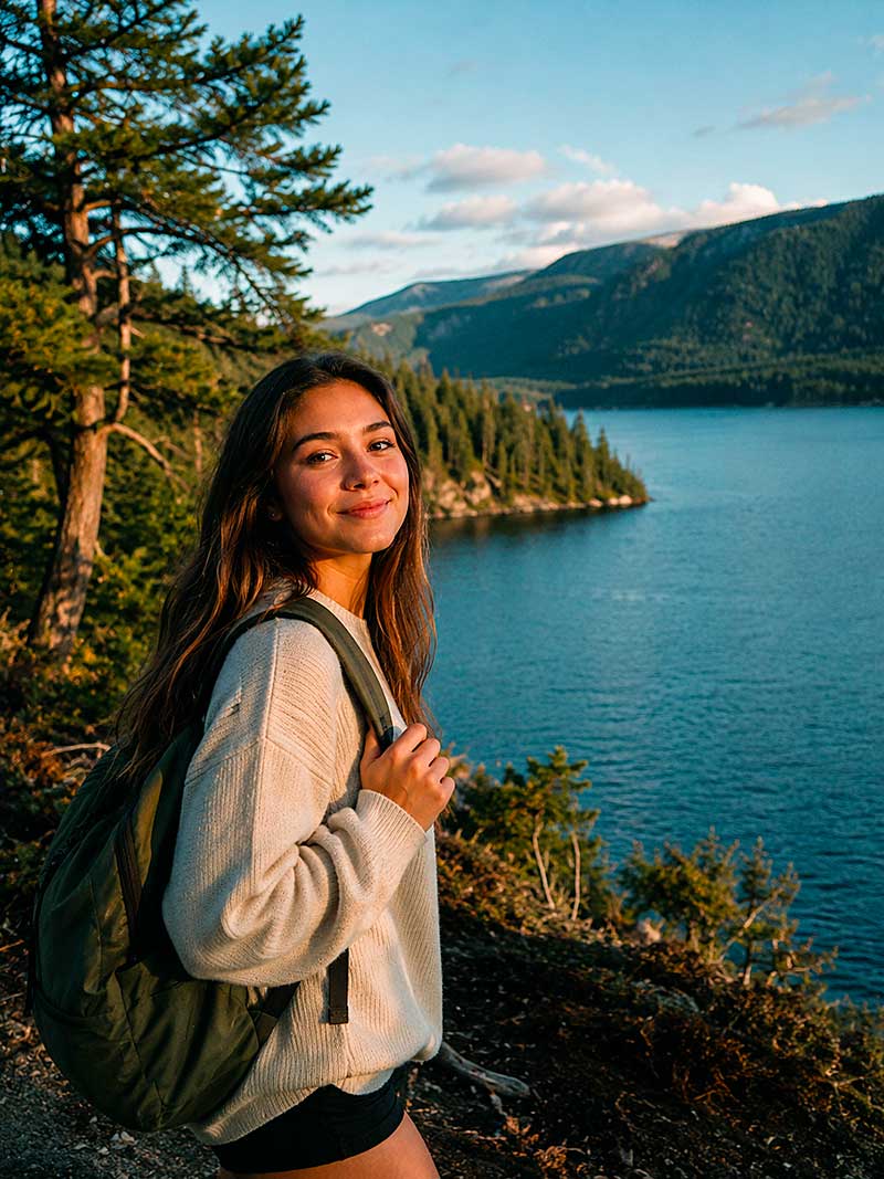 Una giovane donna dai lunghi capelli castani che indossa un maglione e uno zaino sorride mentre si trova su una collina boscosa che si affaccia su un lago e su montagne lontane sotto un cielo parzialmente nuvoloso.