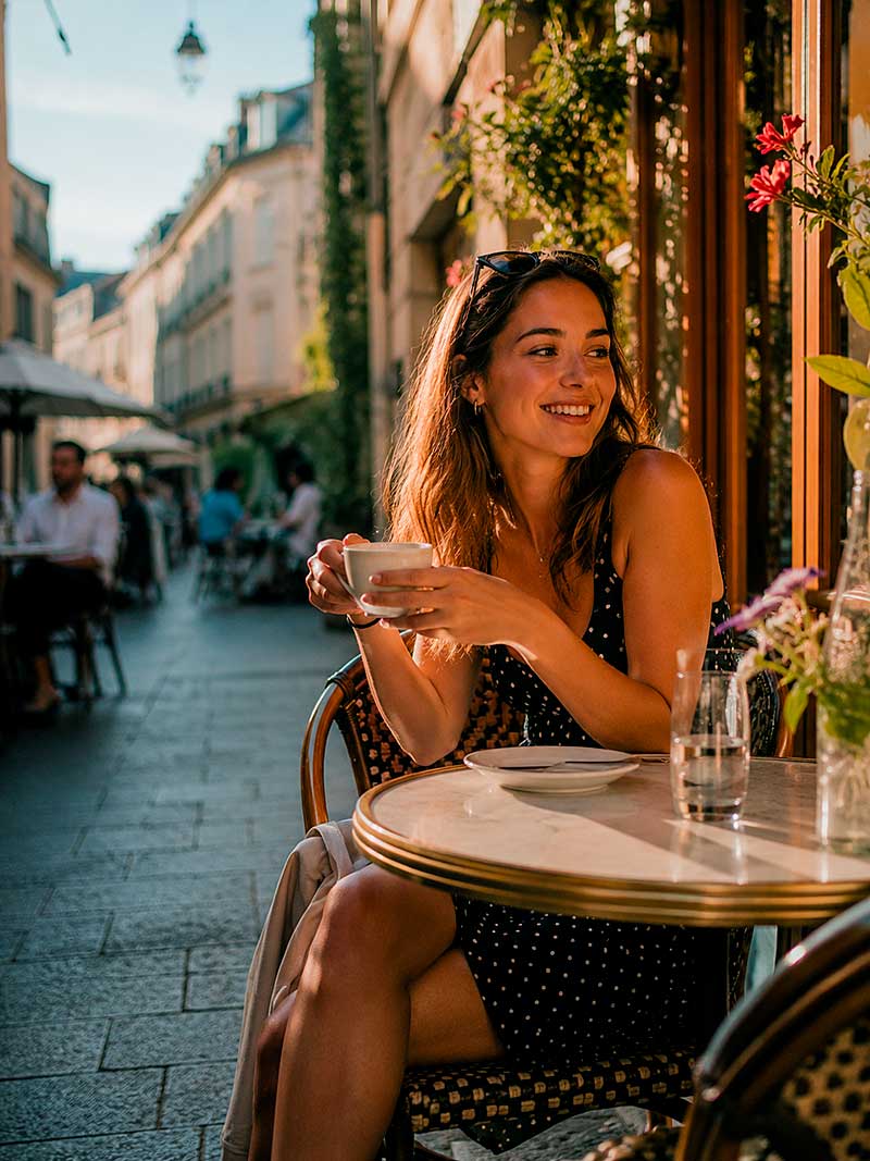 Una donna con un abito nero a pois siede al tavolo di un caffè all'aperto, sorridendo e tenendo in mano una tazza. La luce del sole illumina l'affascinante scena della strada con fiori e commensali sullo sfondo.