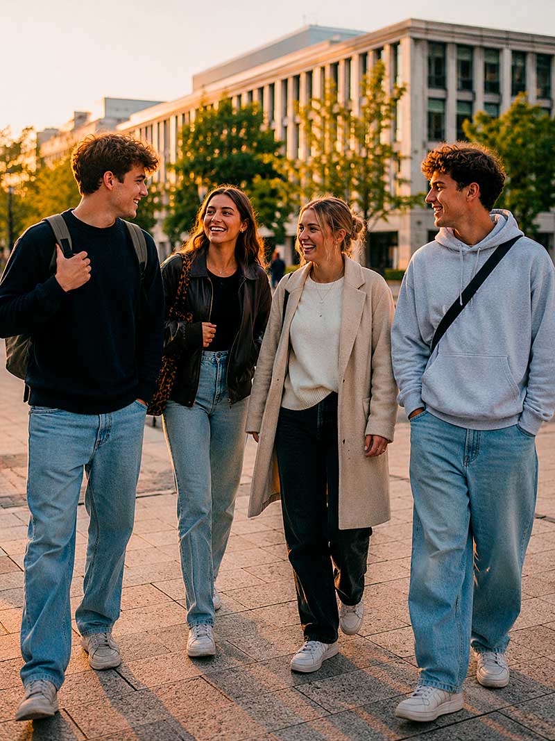 Quattro giovani adulti camminano insieme all'aperto, sorridendo e parlando. Indossano abiti casual e zaini, con alberi e un edificio moderno sullo sfondo, a suggerire un campus o una città al tramonto.